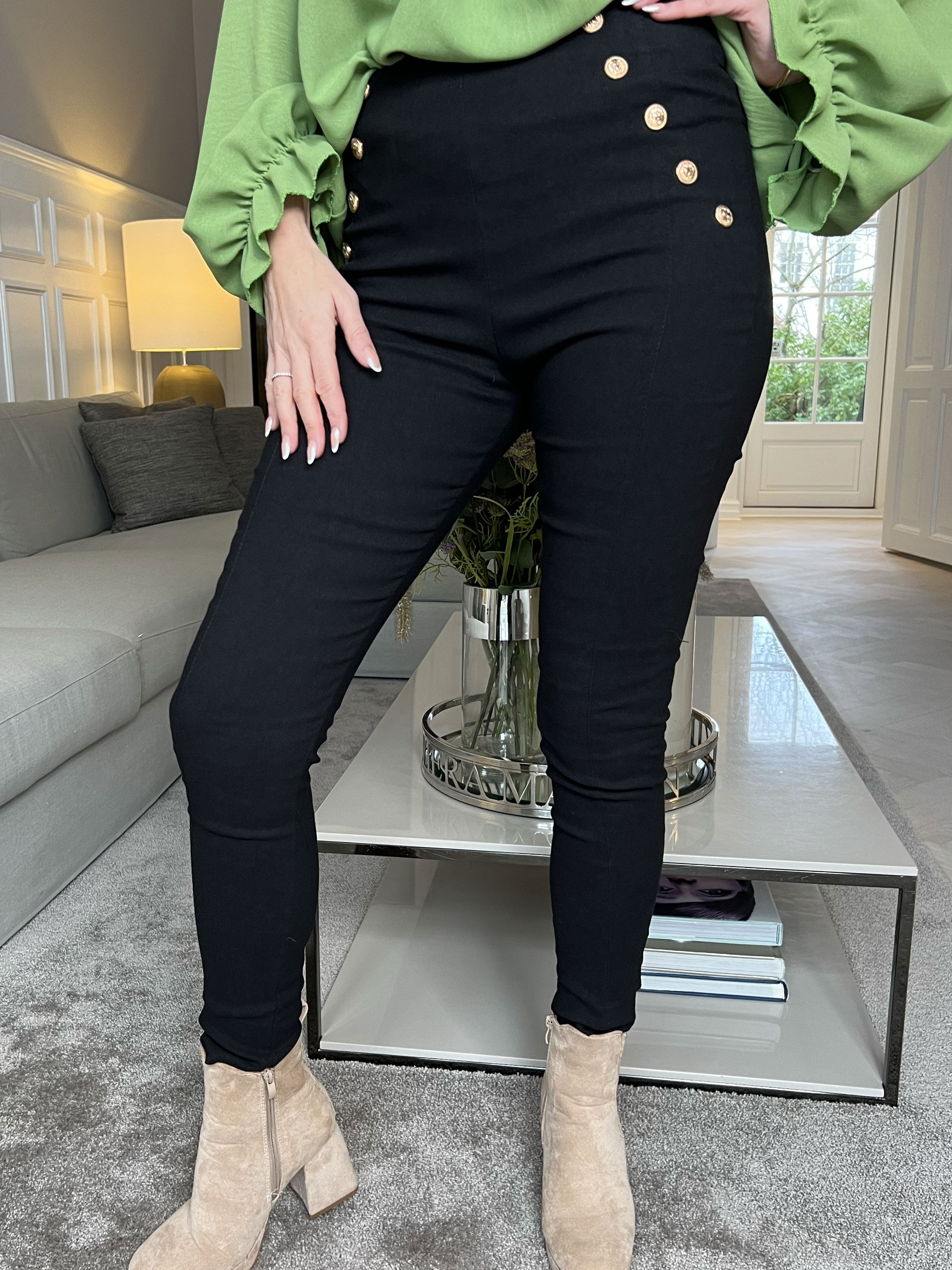 Anemone - Sorte leggings med guldknapper